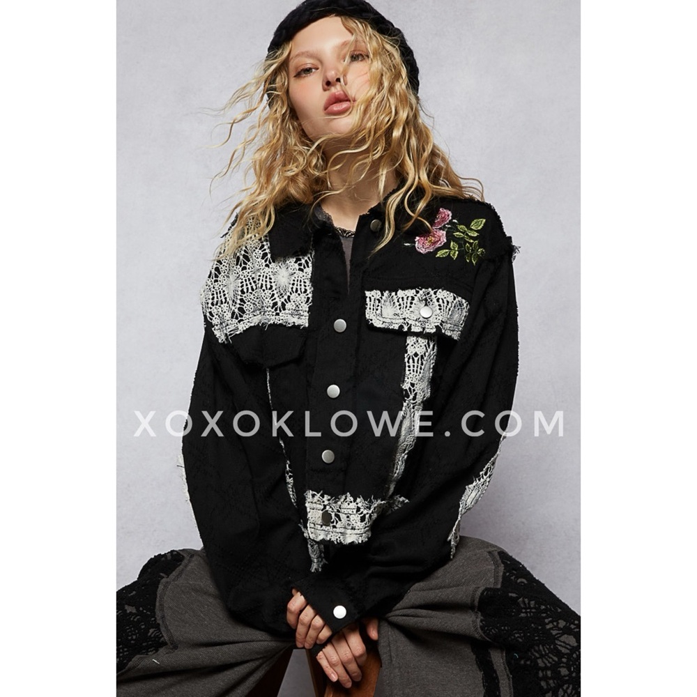 POL Black Denim Jacket | Crochet Lace Patch Floral Embroidered